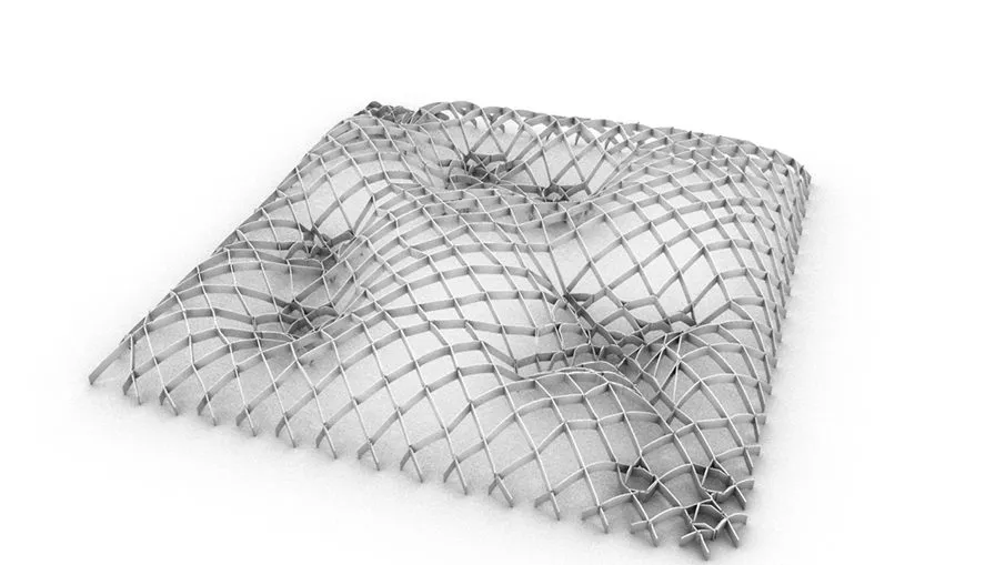 A flat net surface sunk at four points into shallow funnels, rendered white on white