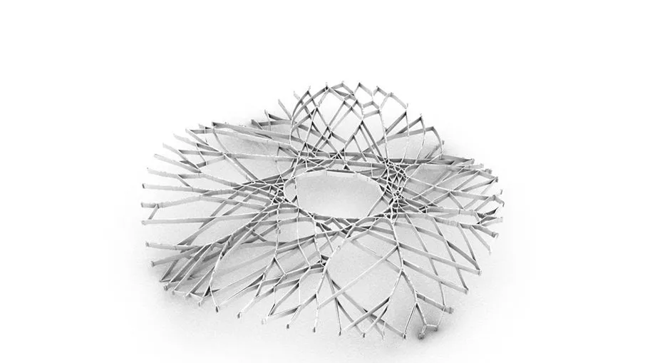 A rosette of crossing bands woven around a central opening, rendered white on white