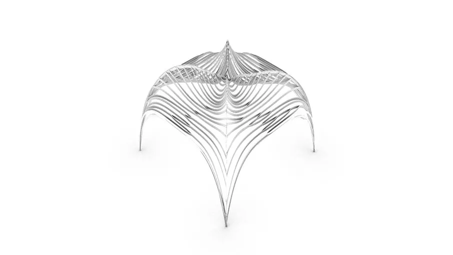 A tent-like vault of parallel lines on four legs, rising to a peak, rendered white on white