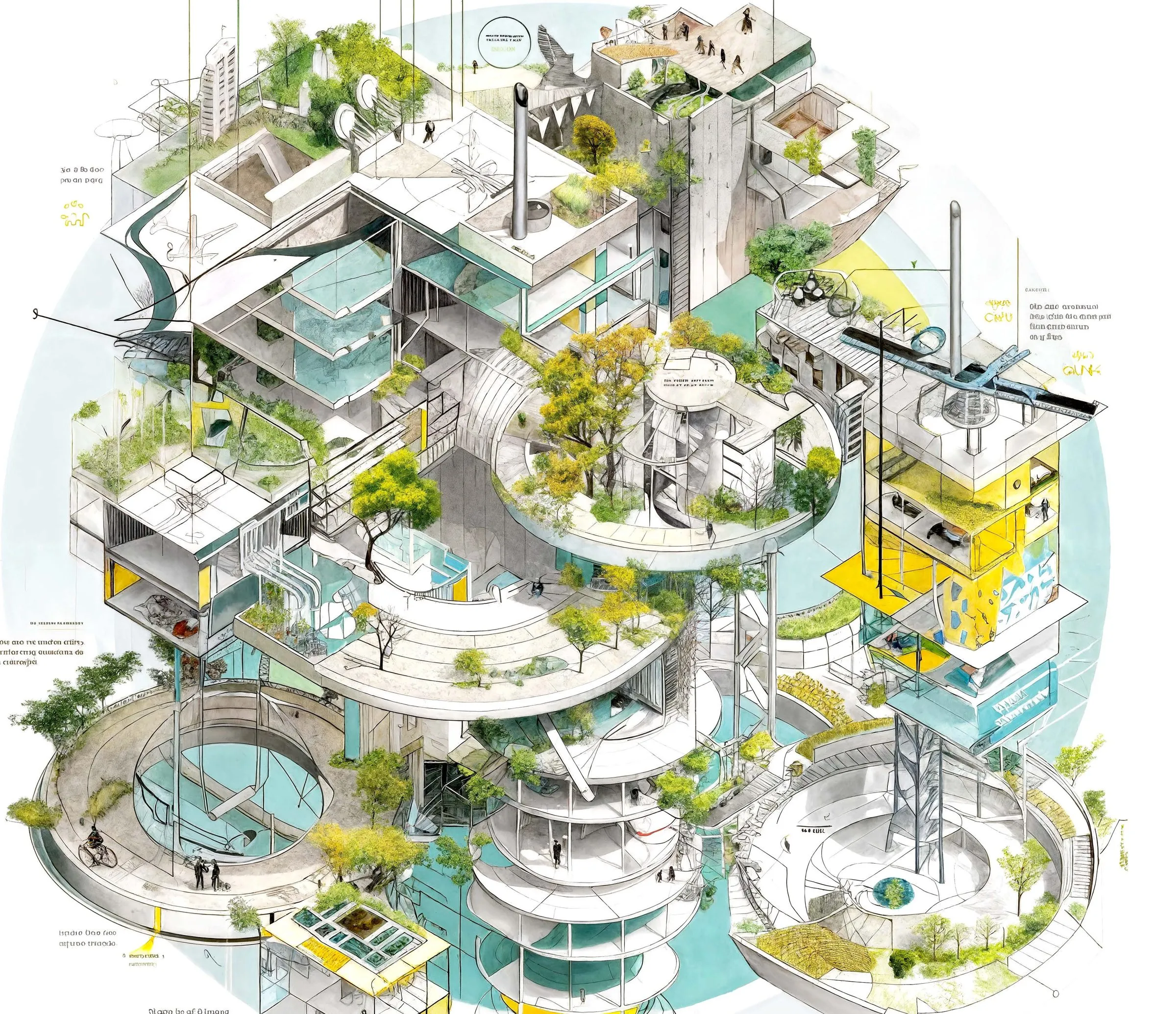 A large circular isometric drawing of an open building complex with terraces, water basins, trees and technical towers