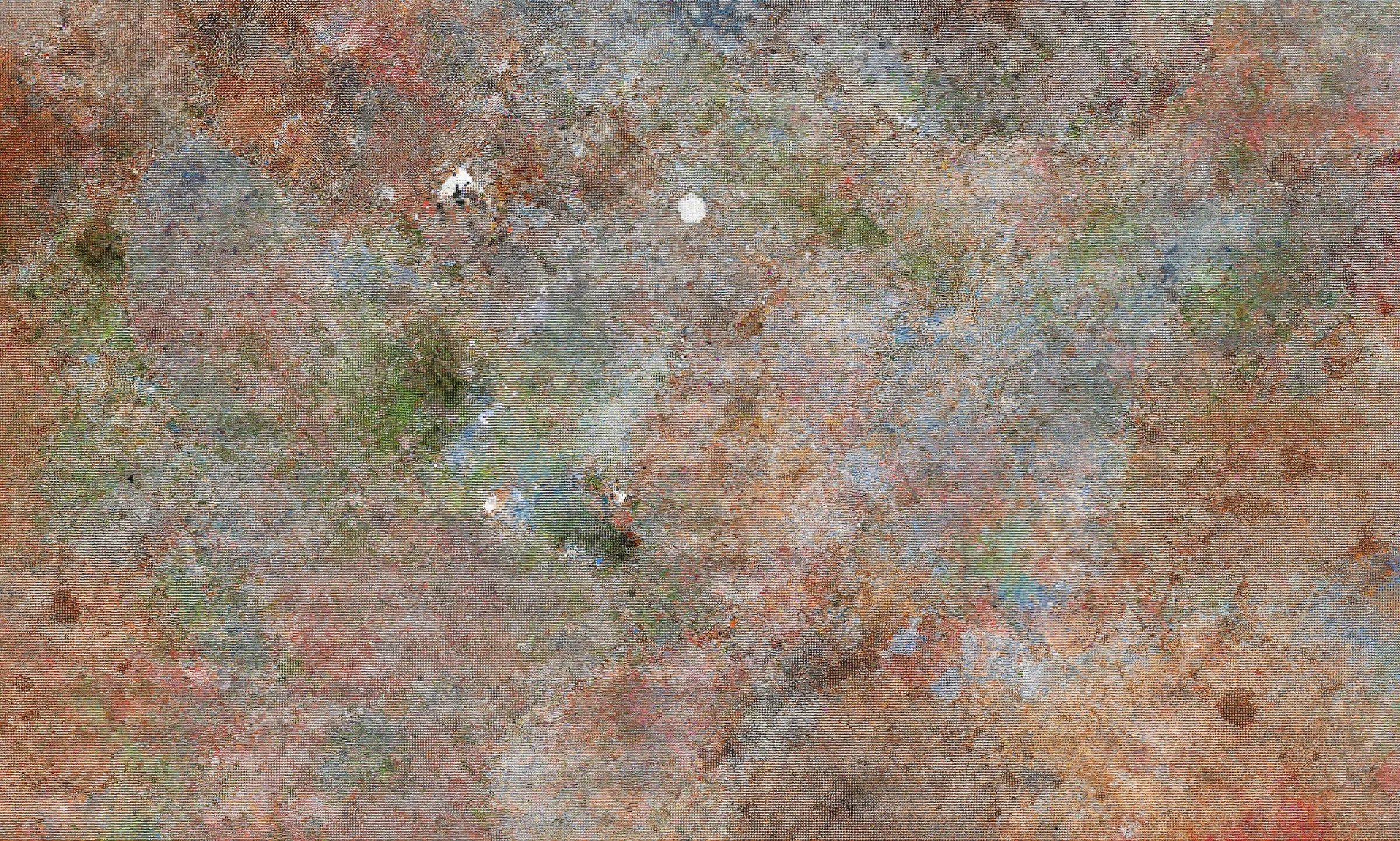 The Latent Earth wall: 160,000 generated images arranged as one continuous mosaic whose colour fields emerge from the sort